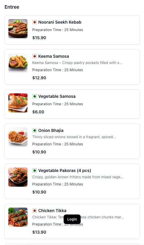 Customer menu on mobile