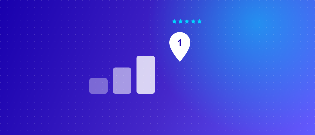 A map pin in first place ahead of a ranked bar chart, with star ratings above