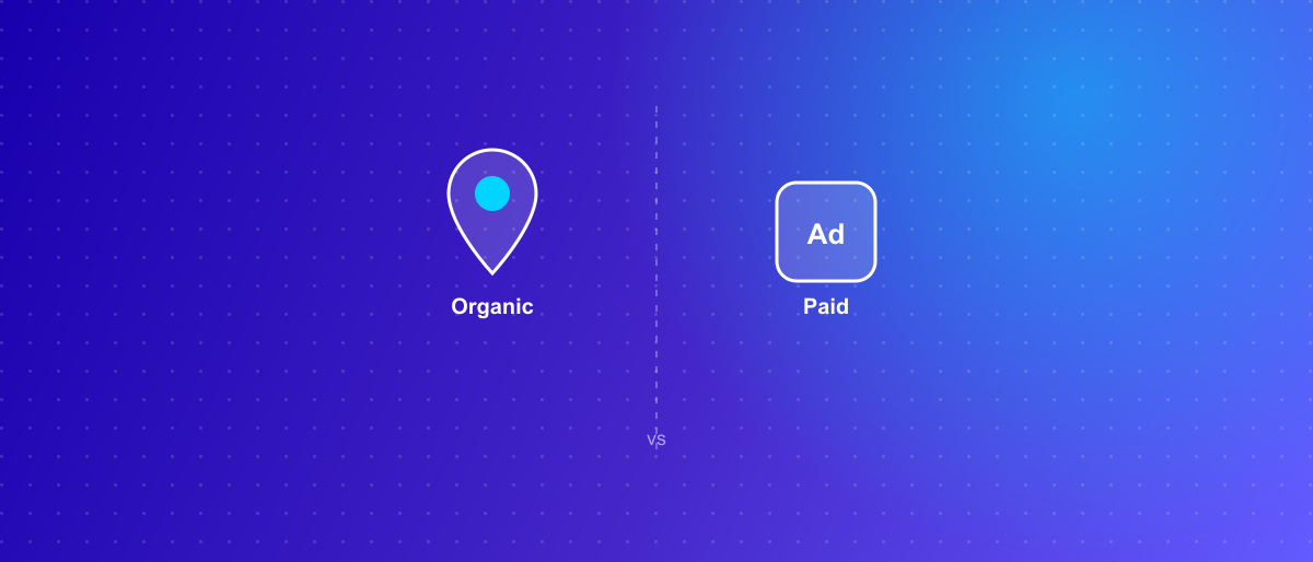 A split panel comparing an organic map pin against a paid ad tag